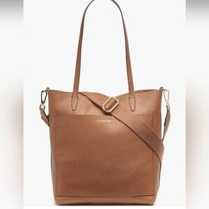 Calvin Klein Pebbled Leather Tote Bag Crossbody Strap Brown Gold Hardware